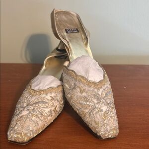 Stuart Weitzman Gold and Cream Heels with Intricate Lace
